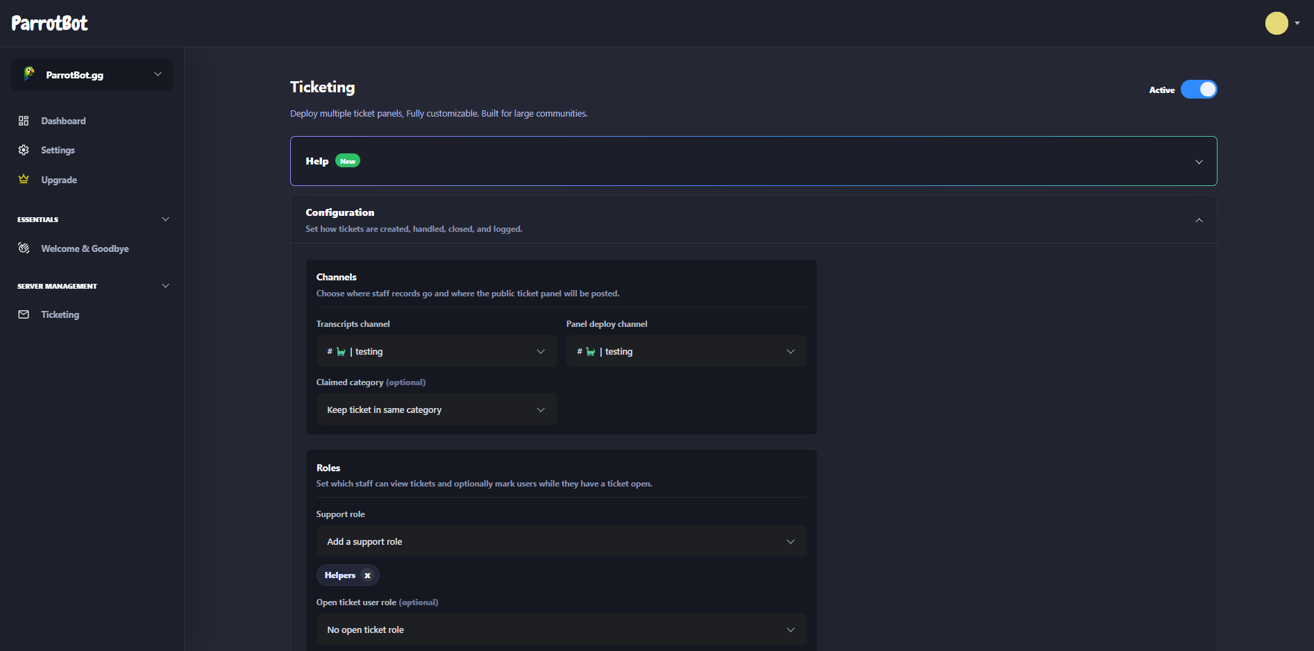 ParrotBot dashboard showcase